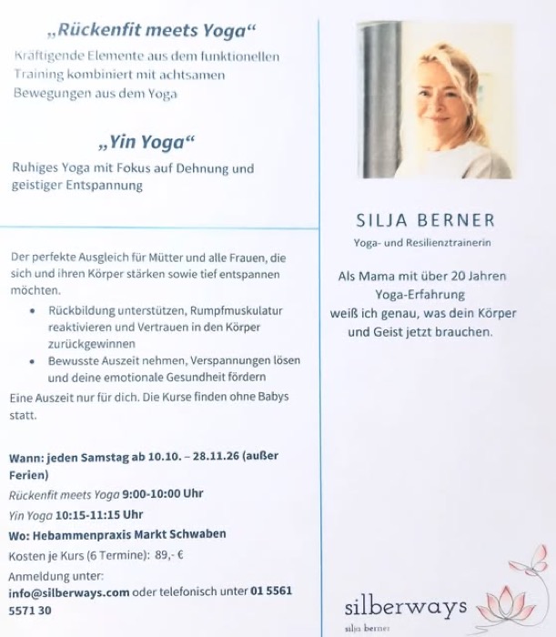 Kursankündigung „Rückenfit meets Yoga“ in der Hebammenpraxis Markt Schwaben